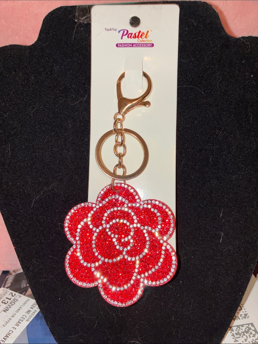 Pastels Red Rhinestone Rose Key & Card Holder Charm